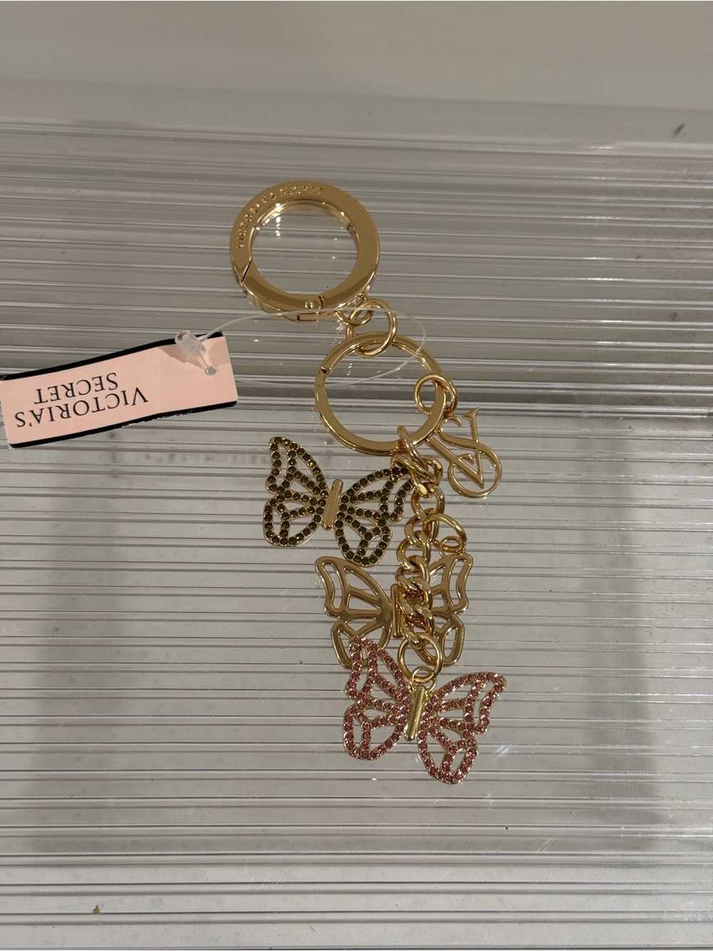NEW Victoria's Secret Gold Butterfly Crystal Accent Charm Keychain